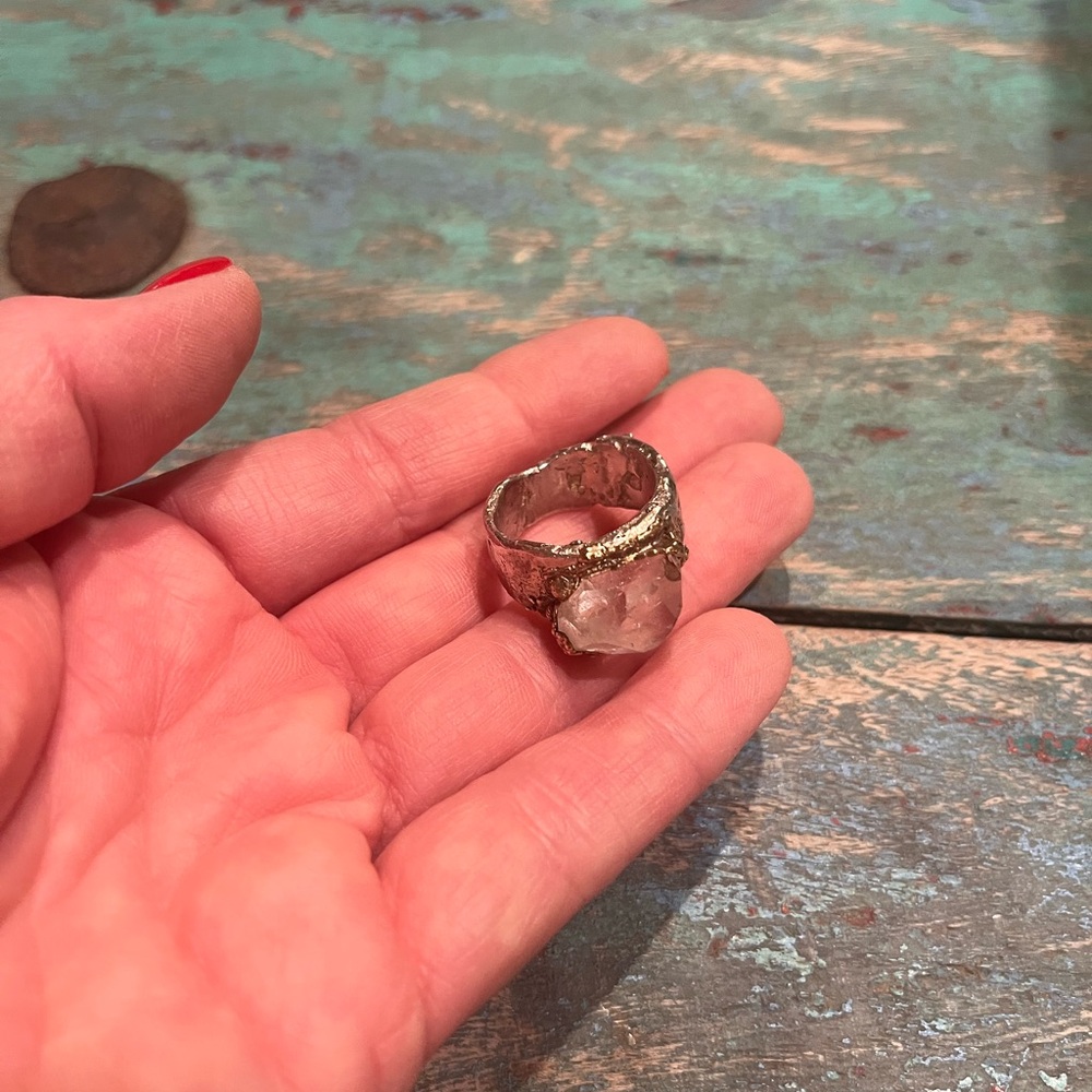 Talisman Ring - silver ring with Herkimer diamond in gold-plated setting. Size 8 - Picture 5 of 9